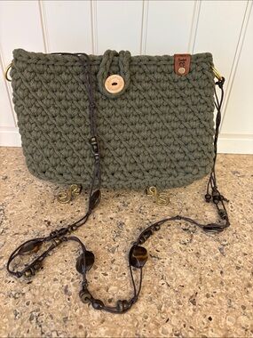 NEW Handmade Olive Green Crochet Crossbody Bag with Beaded Strap Boho